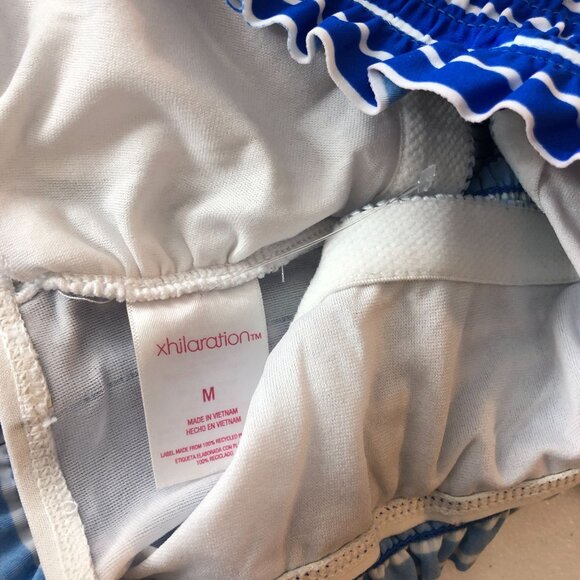 Xhilaration Bikini Top Smocked Removable Cups Shelf Bra Ruffle Striped Blue M - Picture 3 of 3